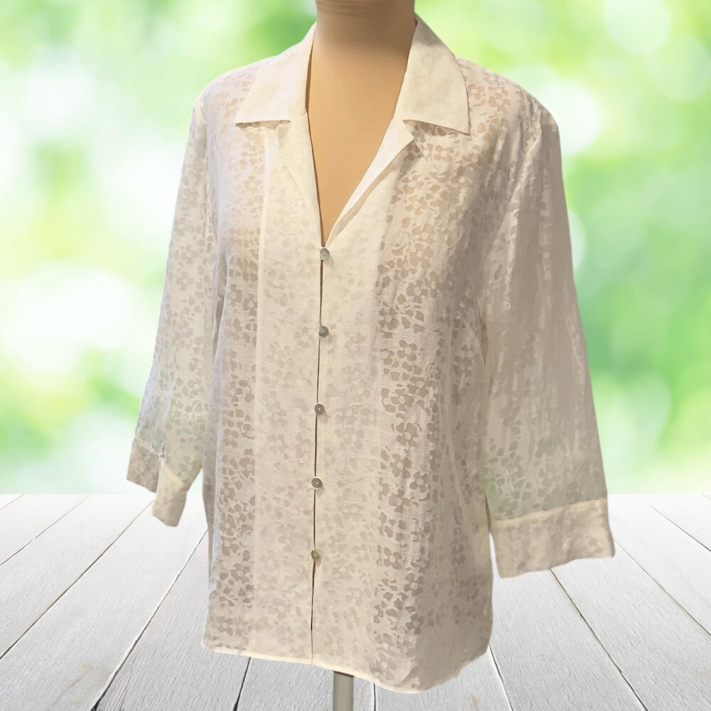 Vtg SIGRID OLSEN Silk Linen Burnout Blouse Sheer Floral Devore Button Front Sz L